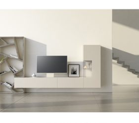 soggiorno minimal di design con armadio tv e libreria intagliata a forma di roccia
