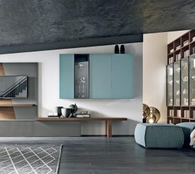 salotto moderno stile poup con arredamento blu e grigio su misura