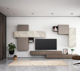 salotto moderno con arredo in legno di varie forme e dimensioni con angolo tv camino