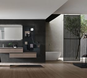 sala da bagno moderna e sofisticata bianca e nera con lavandino in legno e vasca da bagno a vista
